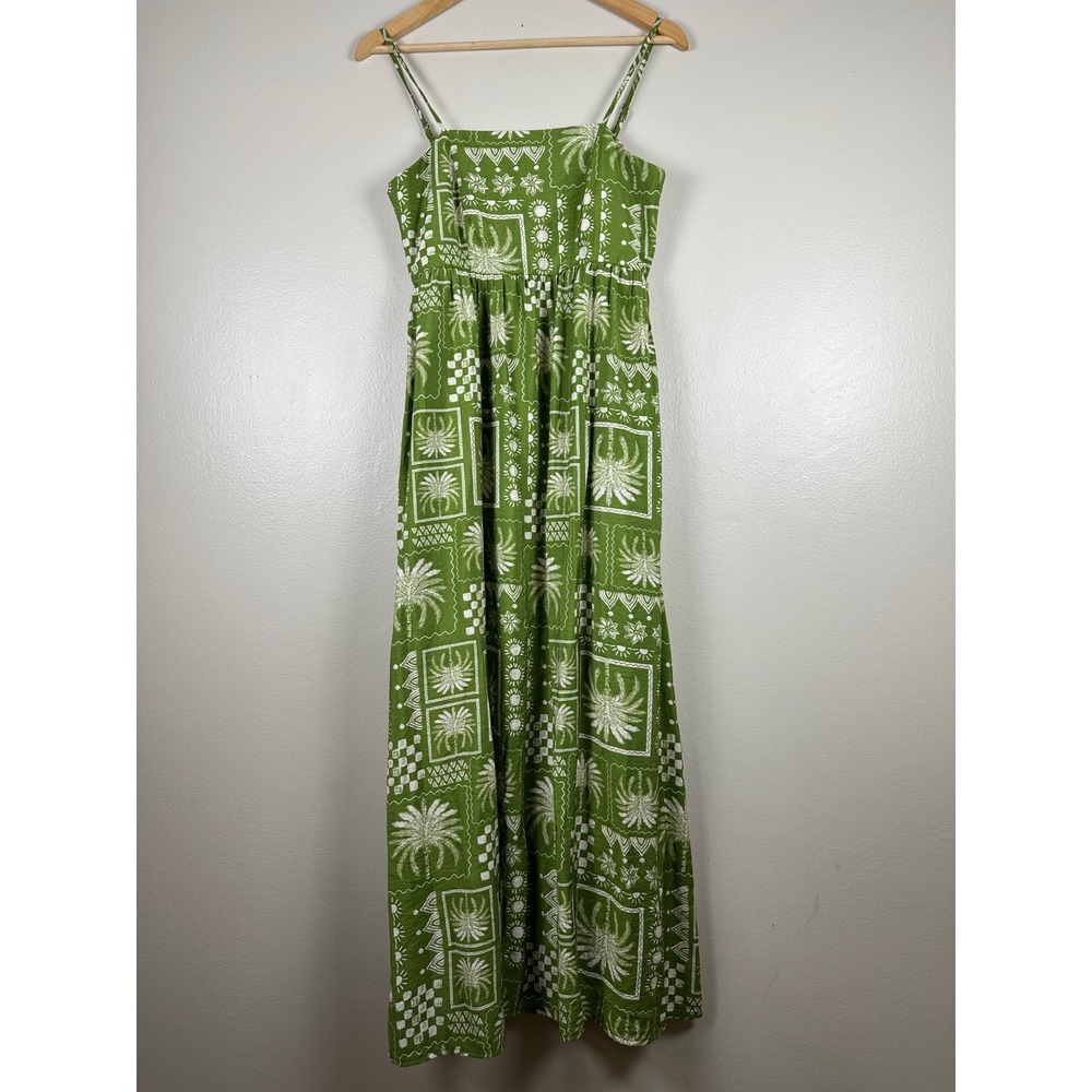 Rachel Zoe Women's 6 Maxi Dress Green White Tropical Palm Print Smocked Back